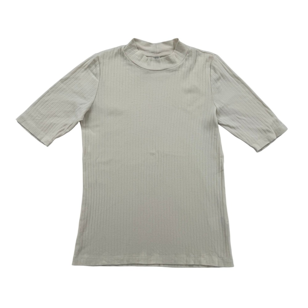 Uniqlo Ribbed Mock Neck Top Women M Cream Excellent Elbow Sleeve 100% Cotton